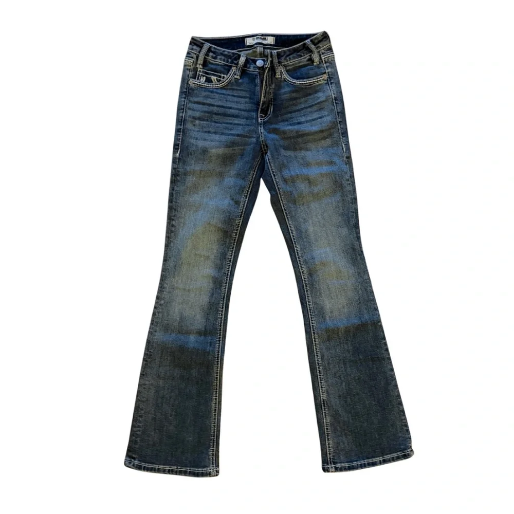 Women’s Rock&Roll Denim Bootcut w26 l32 Blue Jeans with Horse Embroidered Pocket - Picture 2 of 6
